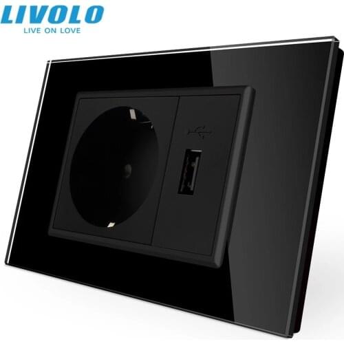 Livolo Two Gang EU Socket & USB socket , White Crystal Glass Panel, AC 110~250V 16A Wall Power Socket, VL-C9C1EU1U-12