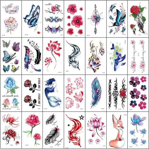 28PCS Tattoo Temporary Sets Womens Flowers Fake Tattoos Sticker Waterproof For Festival Girl Body Face Art Letters Mermaids