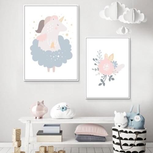 Wall Art Unicorn Nursery Poster Cartoon Canvas Painting Floral Picture Nordic Baby Kids Bedroom Decoration Living Room Decor