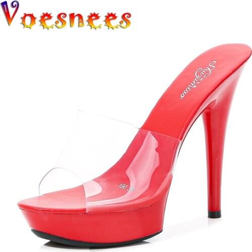 Voesnees 2021 New Slippers Women Stripper Heels High 13 CM Platform Fashion PVC Transparent Outside Slipper Women Shoes for Home