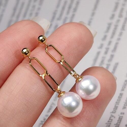 BOEYCJR Ins style 18k Gold Freshwater Pearl 9-10mm Square Chain Drop Earrings