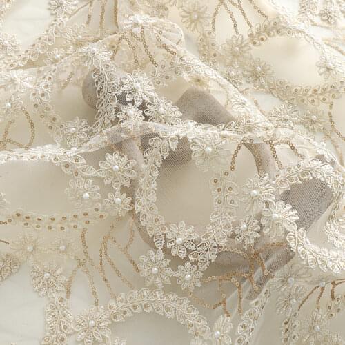 Mesh embroidery fabric pearl embroidered lace wedding dress cheongsam garment fabric champagne fabric