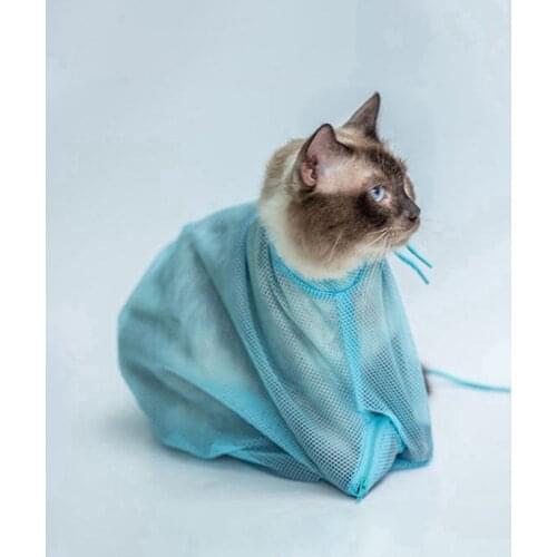 Mesh Pet Cat Grooming Restraint Bag For Bath Washing Nails Cutting Cleaning Bags Blue