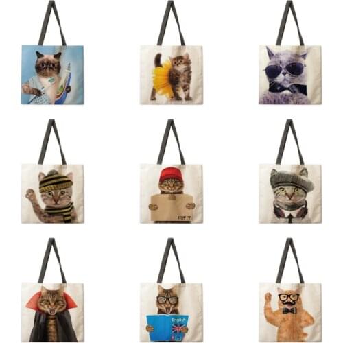 Funny Cat Printed Tote Bag Shoulder Bag Linen Fabric Casual Tote Bag Foldable Shopping Bag Reusable Beach Bag
