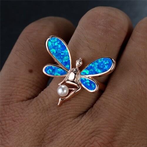 Vintage Female White Blue Opal Ring Rose Gold Silver Color Engagement Ring Luxury Fairy Wing Pearl Wedding Rings For Women