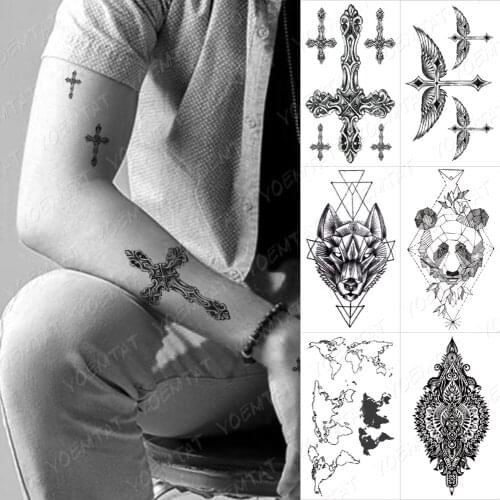 Waterproof Temporary Tattoo Sticker Cross Prayer Dark Henna Geometric Linear Arm Tatoo Fake Tatto Man Woman Child Flash Tattoos