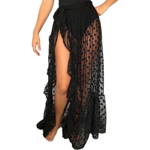 Women High Waist Sexy Mesh Skirts See Through Sheer Side Split Skirt Solid Transparent Chiffon Maxi Long Skirt