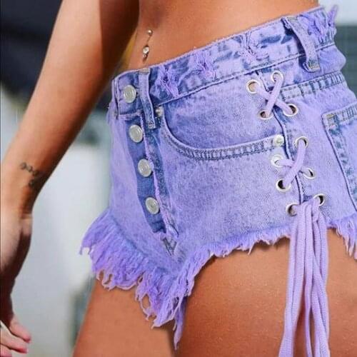 Highwaisted Mini Jeans Shorts For Women Fashion Side Lace Up Bandage Denim Shorts Ripped Tassel Female Purple Summer Hot Short