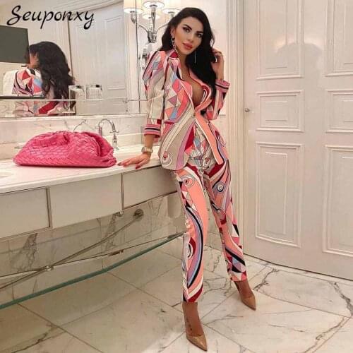 High-Quality Fashion WomenS 2021 Spring Geometric Printing Slim 2 Two-Piece Set Sexy Lapel Blazer + High Waist Pants Casual Set