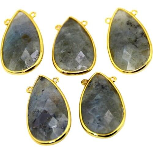 Natural labradorite Pendant Teardrop pear shape connector 30x15mm handmade gold bezel Gem stone Charm blue stone jewelry