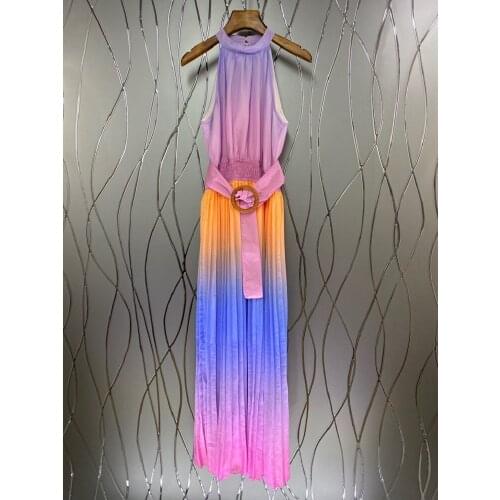 New 2021 Summer Long Dress High Quality Women O-Neck Gradient Color Print Belt Deco Sleeveless Casual Long Maxi Dress Pleated