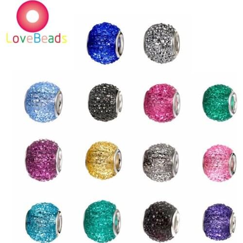 10Pcs 3D Round Ball Rhinestone Acrylic Resin Big Hole Spacer Beads Charms Fit Pandora Bracelet Women DIY Jewelry Making Fashion
