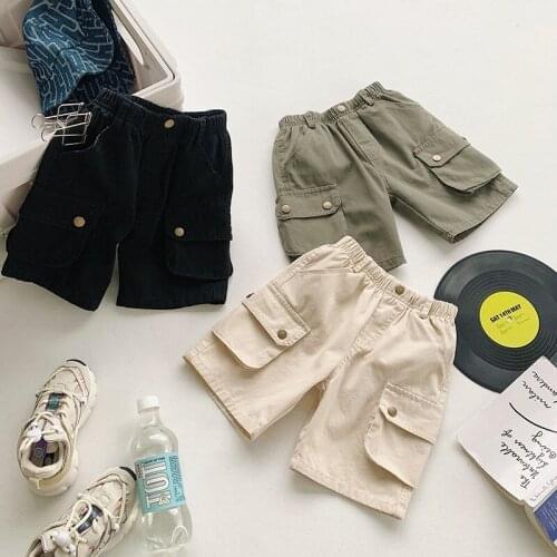 2021 Boys Shorts Summer Thin Five-point Pants Childrens Casual Pocket Short Pants Loose Korean Baby Cargo Pants Kids Shorts