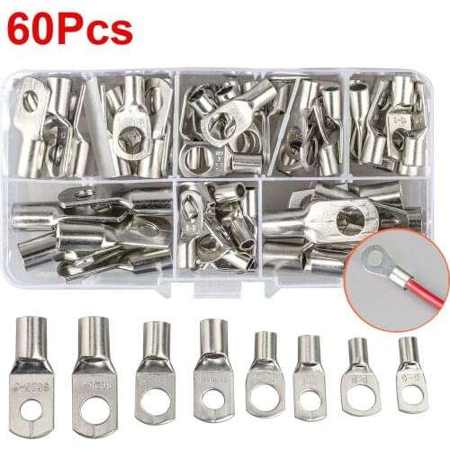 60PCS 8 Types SC Crimps Terminal Copper Ring Lug Kit Bolt Hole Cable lugs Battery Terminals Electrical Wire Connectors Car