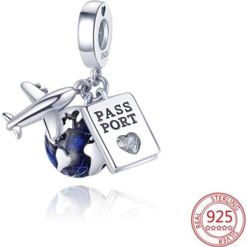 New Hot 925 Sterling Silver Earth Airplane Passport Charm Beads DIY Woman Jewelry Fit Original Pandora Bracelet Pendant Necklace