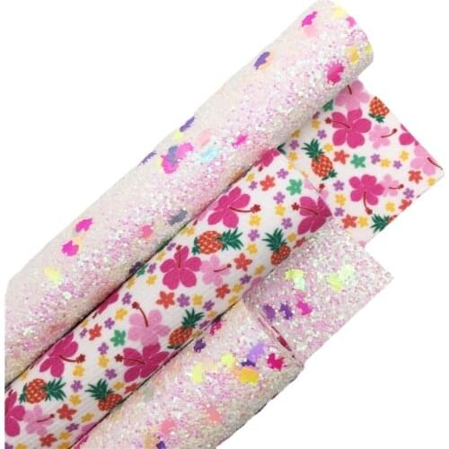 Double Sided Unicorn Chunky Glitter Vinyl Fabric Sheet Felt Backing with Printed Flowers Synthetic Leather Faux Vinil DIY 6S63B
