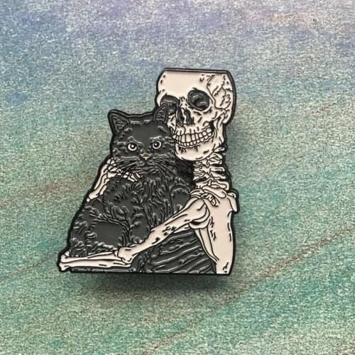 Gothic Skeleton and cat Enamel Brooches for Collection
