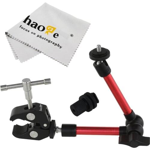 Haoge 11-Inch Stainless Steel Magic Arm +Super Clamp for Hot Shoe Light Stand Rig Tripod Red