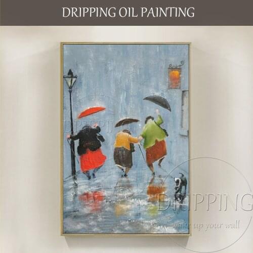 Hand-painted High Quality Abstract Modern Artwork 3 Women Running in Rainy Oil Painting Funny Woman Run in Street Oil Painting