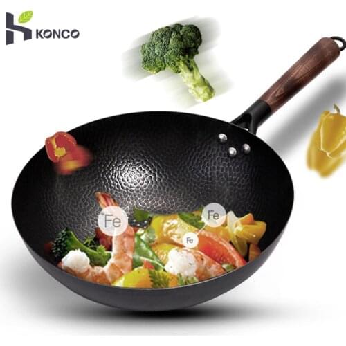 KONCO 32cm Chinese Iron wok Non-coated Pot Pure Iron use for Gas and Induction Cooker