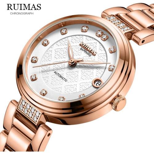 RUIMAS Classic Women Simple Watch Automatic Stainless Steel Rose Dial WristWatch Auto Date Ladies Mechanical Relogio Feminino