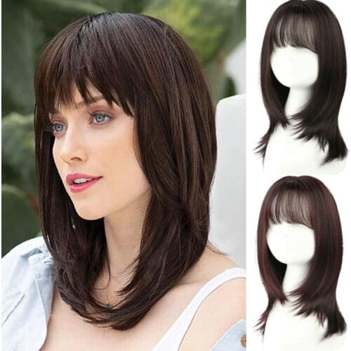 LANLAN Dark Brown Black Synthetic Wig Natural Hair for Women Layered Wig With Bangs Heat Resistant Wigs