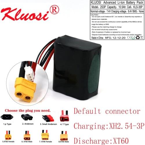 KLUOSI 2S3P 7.4V 10.5Ah 10Ah High Capacity UAV Rechargeable 8.4V Li-ion Battery for Various RC Airplane Quadrotor XH2.54-3P XT60