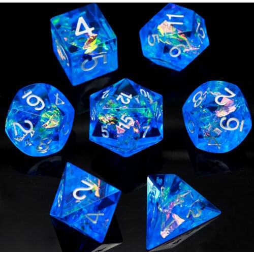 Haxtec Sharp Edge Dice Set D&D 7 Piece Blue Mylar Polyhedral DND Dice for Roleplaying Dice Games-Silver Numbers