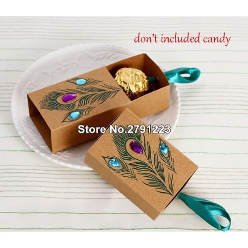 New Peacock Feather Candy Boxes Drawer Design Wedding Favors Faux Rhinestone Kraft Paper Gift Boxes 7.5*5*3cm scatole regalo