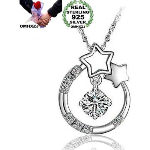 OMHXZJ Wholesale Personality Fashion OL Woman Girl Party Gift White Round Star AAA Zircon 925 Sterling Silver Pendant Charm CH32