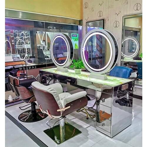 Hair salon mirror platform double-sided LED light color changing mirror imitation marble desktop stainless steel edge