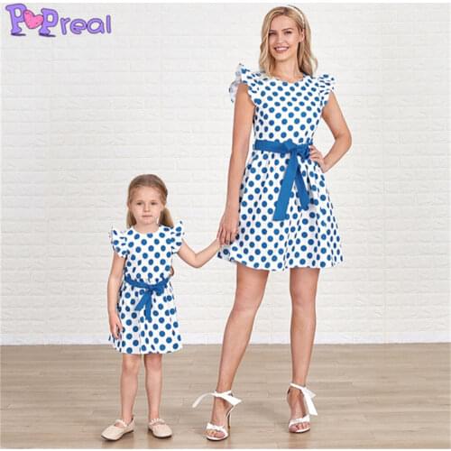 PopReal Parent-Child Outfit Fashion Print Dress Bow Belt Flying Sleeves Mom And Daughter Skirt Family Matching Outfits Polka Dot