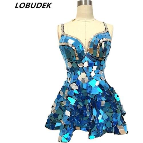 Stage Silver Mirrors Rhinestones Sling Dress Women Singer Dancer Bar Nightclub Performance Sexy Sequins Costume