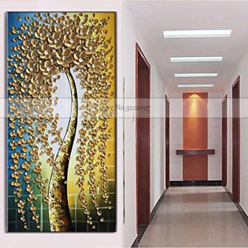 Handmade Modern Canvas Abstract Money Tree Knife Oil Painting on Canvas Handpainted Golden Tree Flower Quardro Art Picture