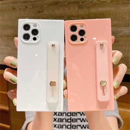 Ottwn Solid Square Shockproof Phone Case For iPhone 11 12 Pro Max Mini X XR XS Max 7 8 Plus SE 2020 Wrist Strap Soft TPU Cover