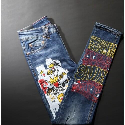 Streetwear Casual Denim Punk Trousers Fashion Designer Men Jeans Retro Blue Slim Fit Printed Ripped Jeans For Men Hip Hop Pants