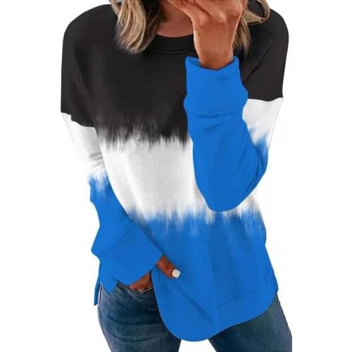 Women T-shirt Horizontal Stripes Contrast Color Print Autumn Loose Round Neck Long Sleeve Blouse Pullover Streetwear