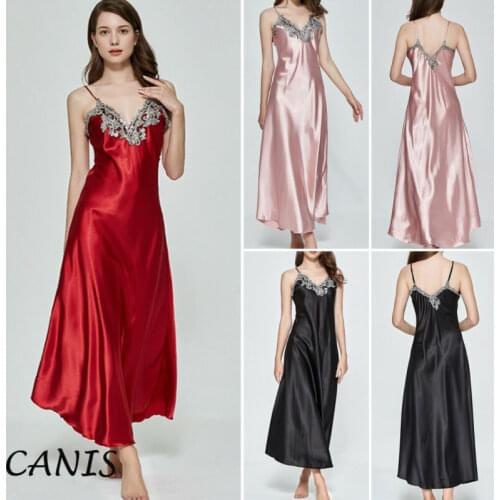 Women Nightgown Sleepwear Long Dress V-neck Satin Silk Red Sexy Sling V-neck Lace Pajama Night Dress