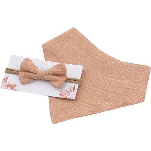 Baby Girls Elastic Bow Headband Saliva Towel Set Newborn Toddler Bowknot Hair Band Bib Kit Pure Cotton Solid Color Bandana Burp