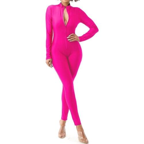 FNOCE Cross-border Foreign Trade 2021 Womens autumn And Winter New Style Solid Color Pit Strip Zipper Pleated Fashion Jumpsuit