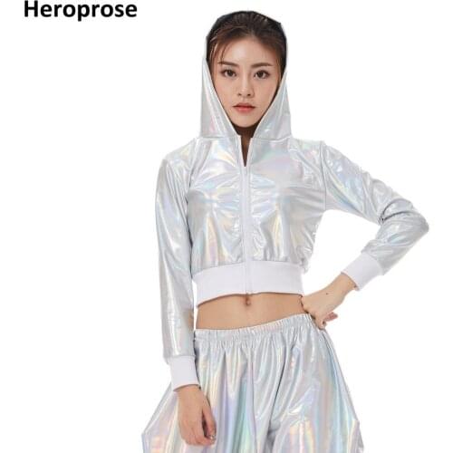 Heroprose Women Fluorescent White Hip Hop Ultra-short Tops Sexy Dance Jazz Stage Performance wear With A Hood Long Sleeve Jacket