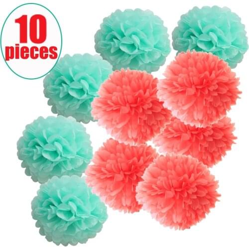 10 pcs/lot Mint Green and WaterLemon Red Coral Paper Pom Poms Wedding Babyshower Garden Home Party Hanging Outdoor Indoor Decor