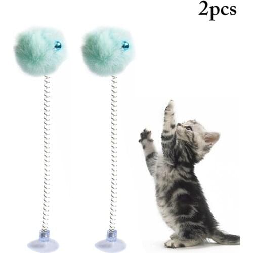 2Pcs/Set Funny Cat Teaser Wand Plush Ball Bell Decor Spring Suction Cup Cat Wand Cat Interactive Toy Pet Supplies Cat Favors