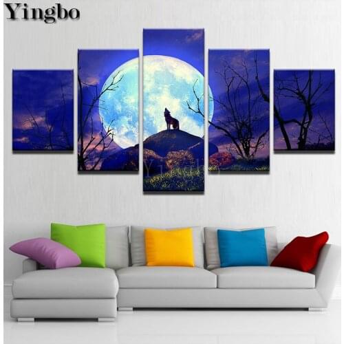 5 Pieces full square round 5d diy diamond painting Wolf Moon Night View rhinestone embroidery cross stitch kits mosaic diamond