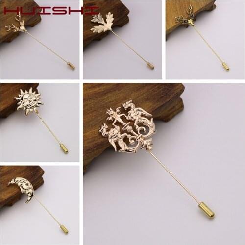 HUISHI Brooch For Men Suit Vintage Sun Moon Leaf Pin With Wedding Party Feather Happy Mask Shape Metal Badge For Men Accessories