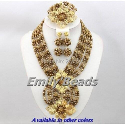 Champagne Gold Nigerian Wedding Crystal Beads Bridal Jewelry Set African Costume Jewelry Sets Wholesale Free Shipping AEJ058
