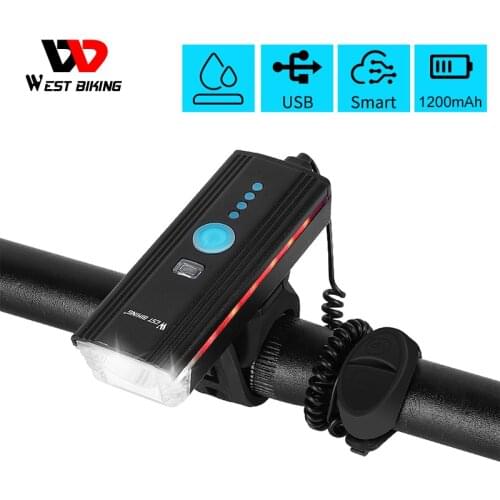 WEST BIKING Bike Front Light LED Flashlight With Horn USB Charging Induction Cycling Headlight Waterproof Torch Bicycle Light