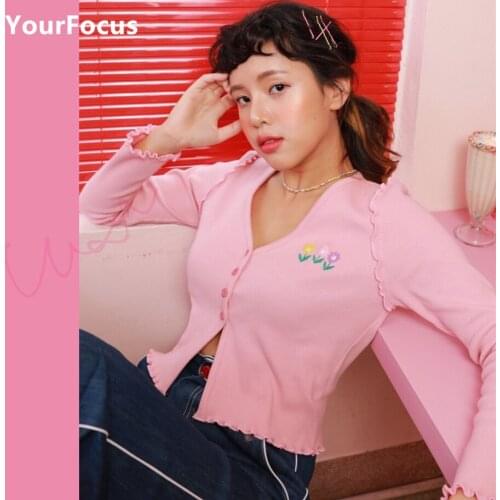 Kawaii sweet girl tops multicolored flower embroidery lace pink t shirt long sleeve cardigan short tshirt