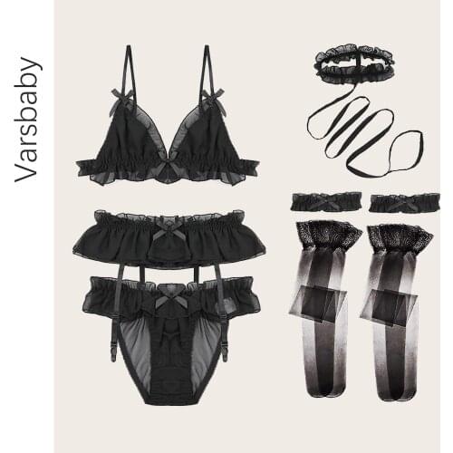 Varsbaby sexy unlined Ruffles 6pcs bras+garters+panties+choker collar+bridal garters+stockings underwear set