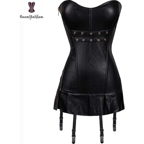 Overbust Corset Dress Synthetic Leather Corselet One Piece Corn Belt Strape Korset Fish Boned Bustier Side Zipper Gothic Corsets